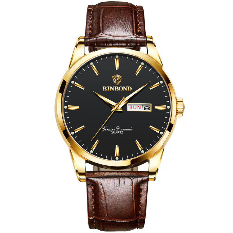 Men's quartz watch with gold case, black dial, brown leather strap and day date window