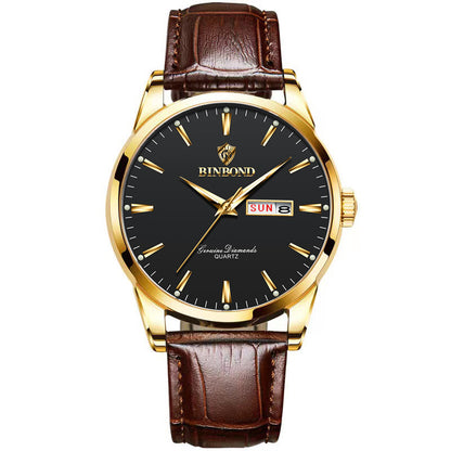 Men's quartz watch with gold case, black dial, brown leather strap and day date window