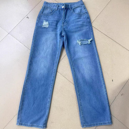 Women's European Style Distressed Jeans | Washed Hole Denim Pants European And American Ladies Washed Hole | Ectron Online