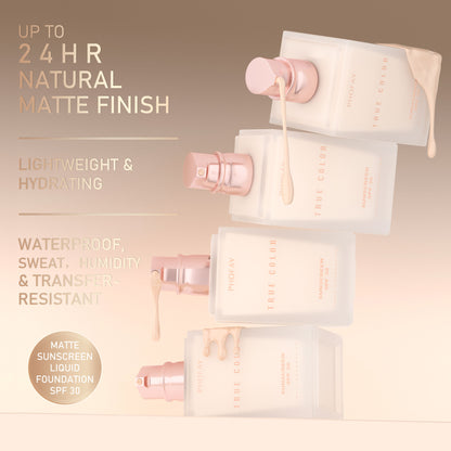 Matte liquid sunscreen foundation SPF 30 bottle and boxes, natural matte finish