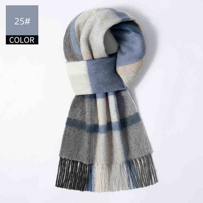 Plaid scarf with blue, gray, and white colors on a light gray background