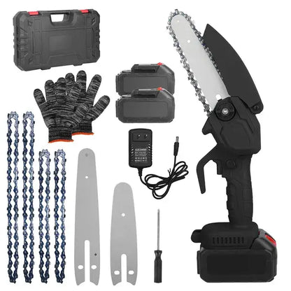 Black mini chainsaw kit: two battery packs, chain loops, guide bars, charger, gloves