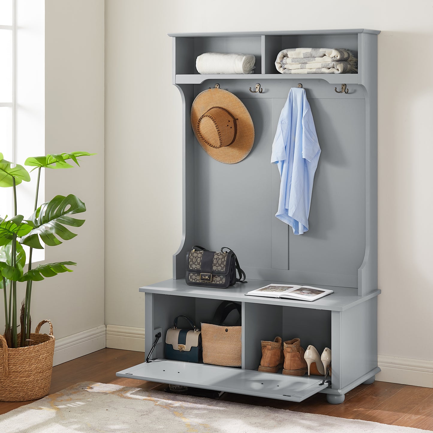 Modern Hall Tree with Shoe Bench & Coat Hooks - 40" Gray Entryway