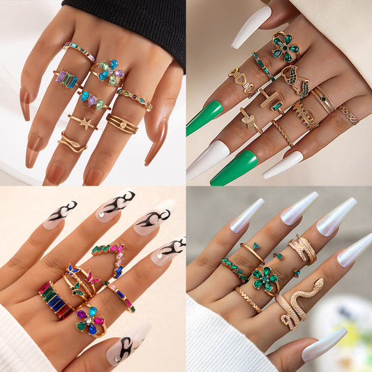 Colorful Crystals Flower Geometric Snake Shaped Scallop Eight-piece Set Ring