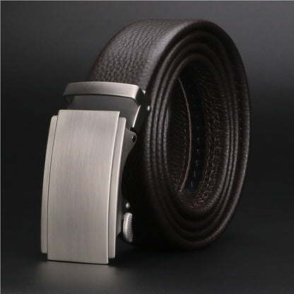 Men’s business casual automatic belt with black textured leather and brushed silver rectangular buckle
