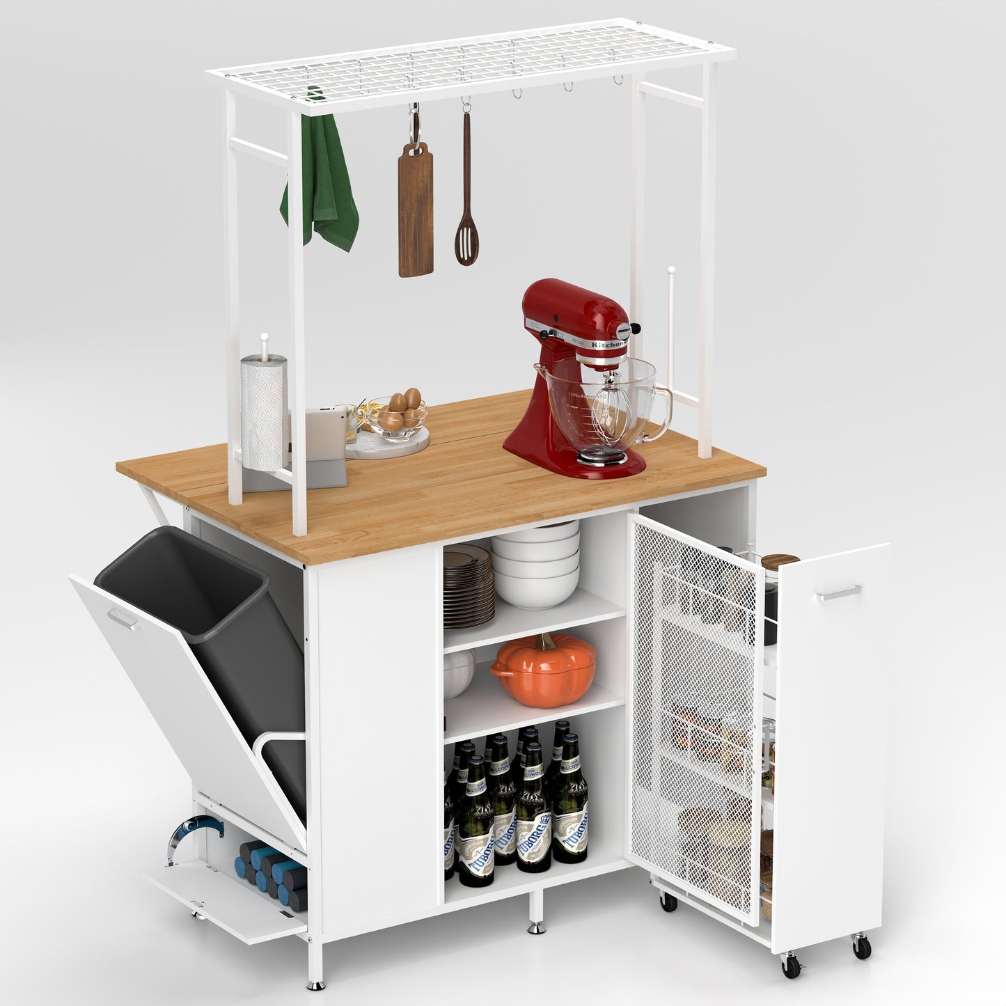 White Kitchen Island with Flip-Up Breakfast Bar and Storage Drawers