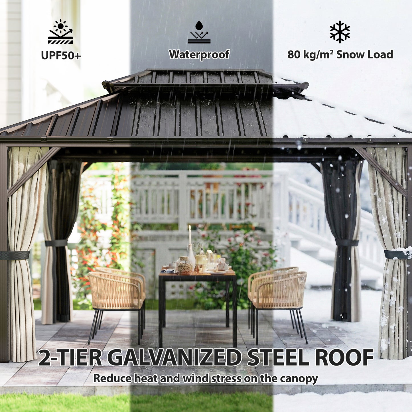 Brown hardtop gazebo with double-tier dark roof and hanging mesh side curtains