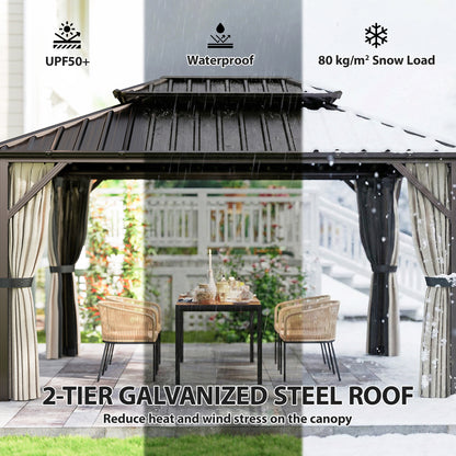 Brown hardtop gazebo with double-tier dark roof and hanging mesh side curtains
