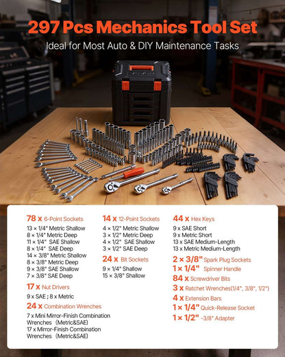 Mechanics tool set with sockets, hex keys, and wrenches laid out from an open case