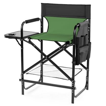 Tall director's chair with olive green seat, black armrests, side table, foldable frame