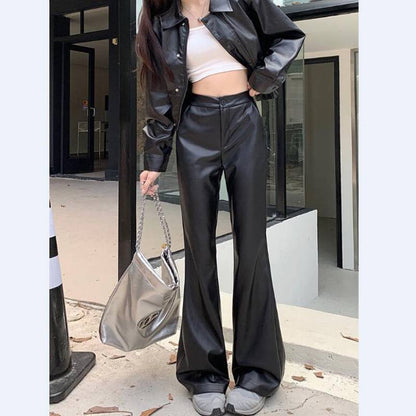 Women's Leather Bootcut Trousers | Slimming High-Waist Casual Pants Slim Fit Leather Bootcut Trousers Slimmi | Ectron Online
