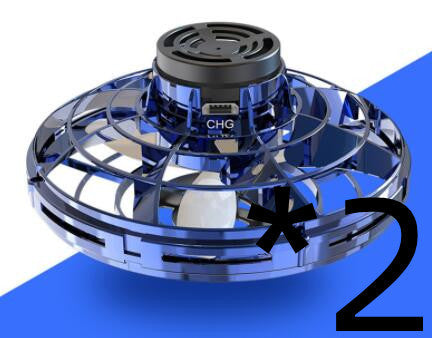 A blue Rotating Flying GyroAircraft Induction Drone Toy with LED lights, displayed against a dimly lit background, indicating features such as cyclotron technology, LED lights, resistance to fall and pressure, and USB charging.
