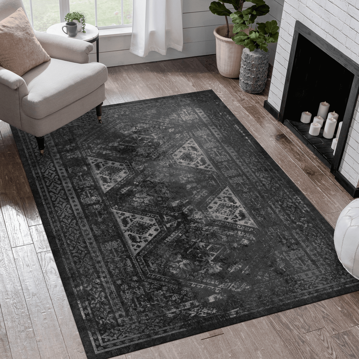 Maval Washable Area Rug - 5x8 Black & Gray Modern Design
