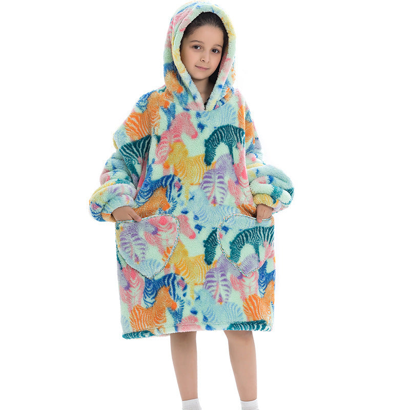 Kids' oversized thermal sweatshirt with pastel animal print and hood, long sleeves