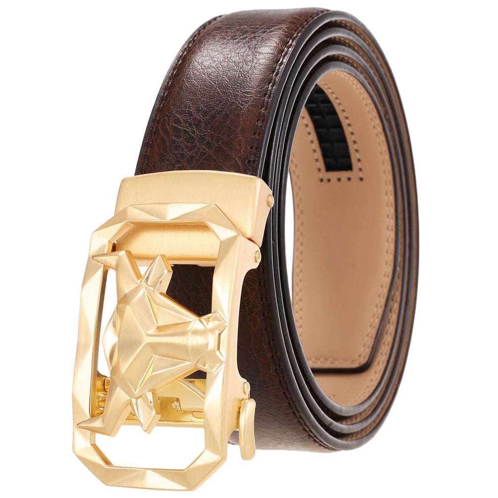 Fashion Men's Leather Belt Alloy Automatic Buckle with brown leather and gold geometric buckle.