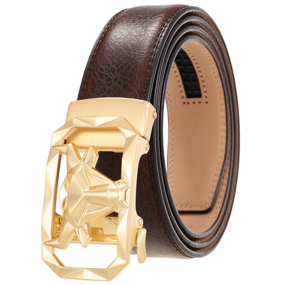 Fashion Men's Leather Belt Alloy Automatic Buckle with brown leather and gold geometric buckle.