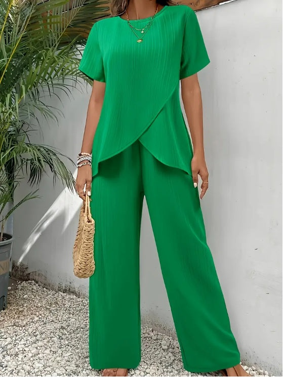 Women’s Elegant Solid Colour 2pcs Set – Crew Neck Top & Pants Women'S Elegant Solid Color Polyester 2p | Ectron Online