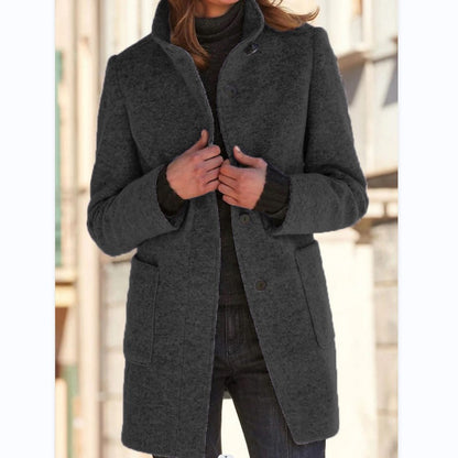 Women's Stand Collar Woolen Coat with Pockets | Casual Winter Jacket Fashion Stand Collar Woolen Coat With Po | Ectron Online