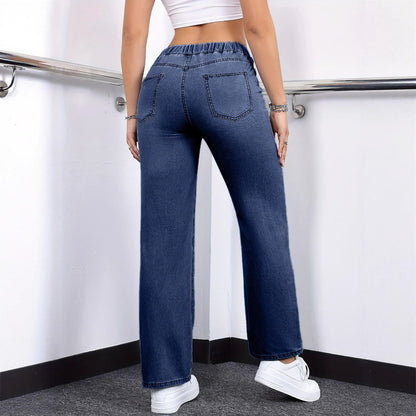 Oversized Drawstring Jeans | Elastic Waistband Casual Blue Denim Oversized Jeans Drawstring Elastic Waist | Ectron Online