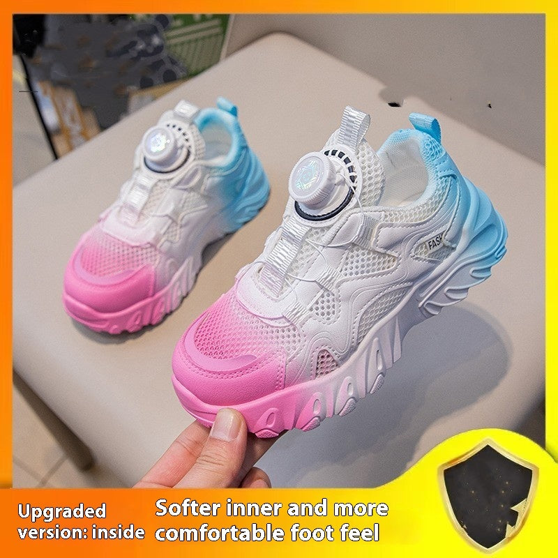 Kids rotating button mesh sneakers in white with blue and pink accents