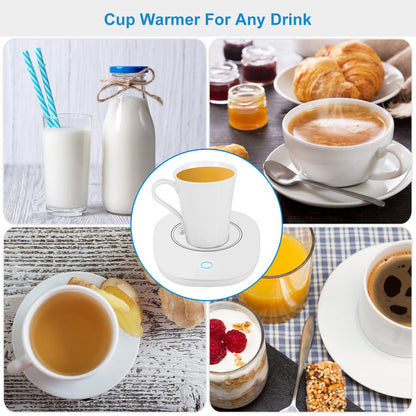 White mug warmer heating a cup of coffee with multiple drink and cup examples