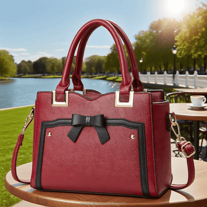 Red commuting shoulder bag with black bow, top handles, and detachable crossbody strap