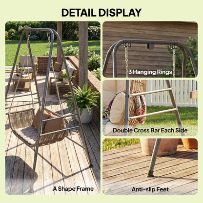 Gray hammock chair stand with hanging rings, double crossbar sides, and anti-slip feet
