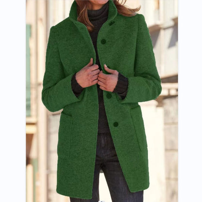 Women's Stand Collar Woolen Coat with Pockets | Casual Winter Jacket Fashion Stand Collar Woolen Coat With Po | Ectron Online