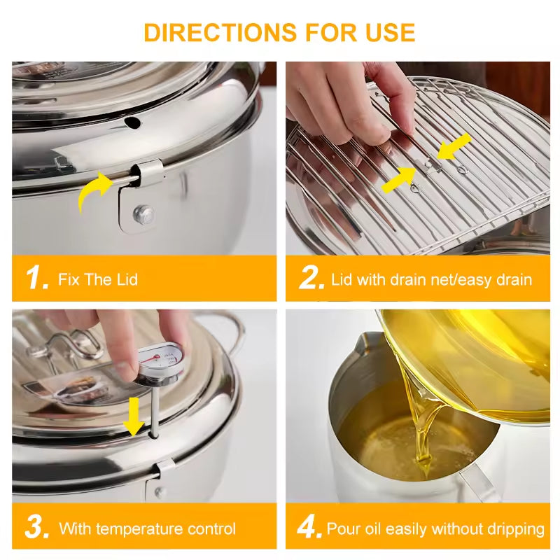Stainless deep fryer lid with drain feature and temperature-control knob shown