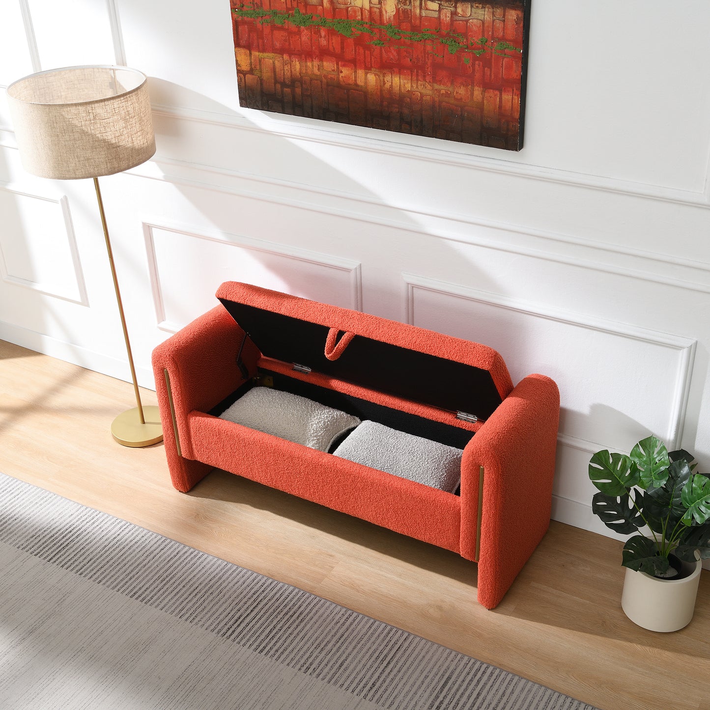 Modern Teddy Storage Bench with Arms - Orange Upholstered Ottoman