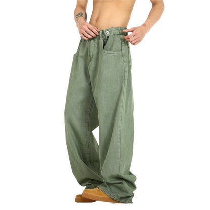 Washed straight-leg jeans, olive green, button fly and wide leg opening