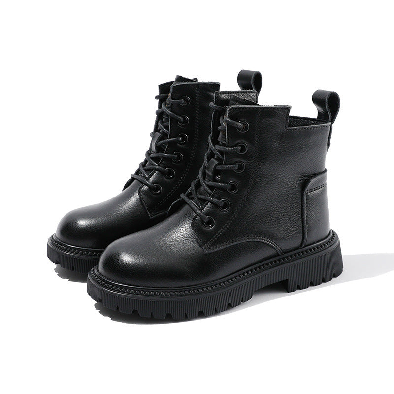 Children's leather Martin boots in black, lace-up mid-tube, thick platform sole.