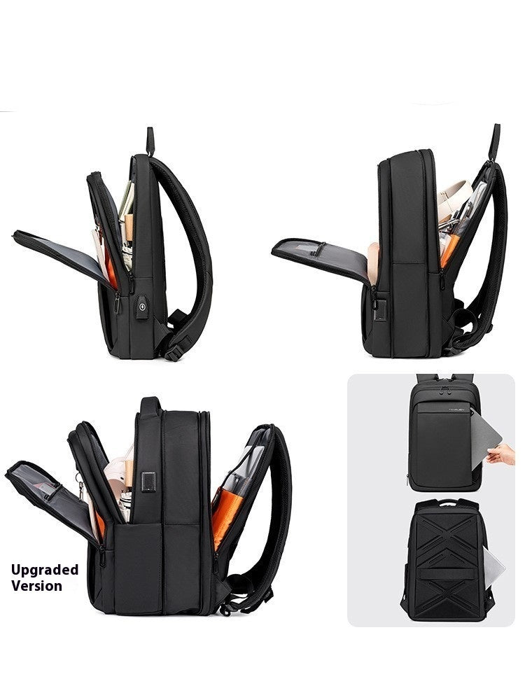 Black backpack with expandable side support and front organizer pocket