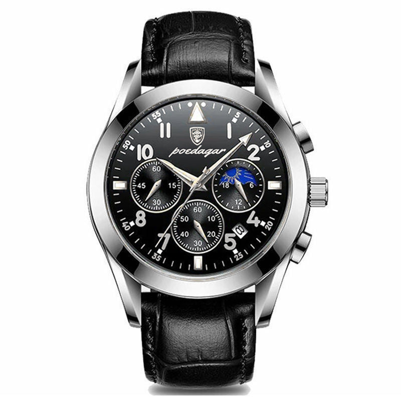 Men's wrist watch with dark metal case, black dial, and black leather strap