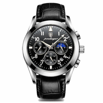 Men's wrist watch with dark metal case, black dial, and black leather strap