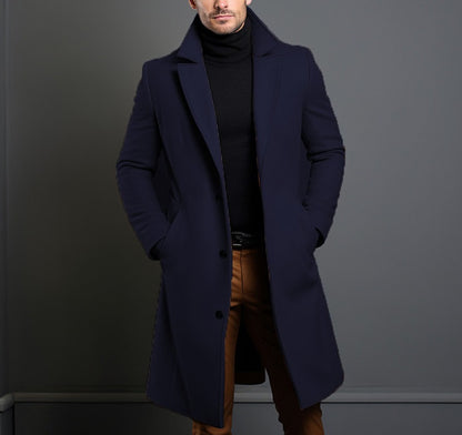 Mid-length trench coat with notched lapels and button front, long sleeves, dark navy.