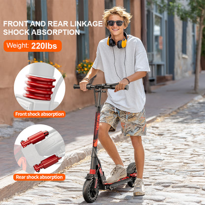 Red and black electric scooter with front and rear shock absorbers, rider standing