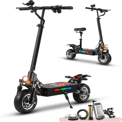 Black electric scooter with front headlight, wide tires, and dual handlebars