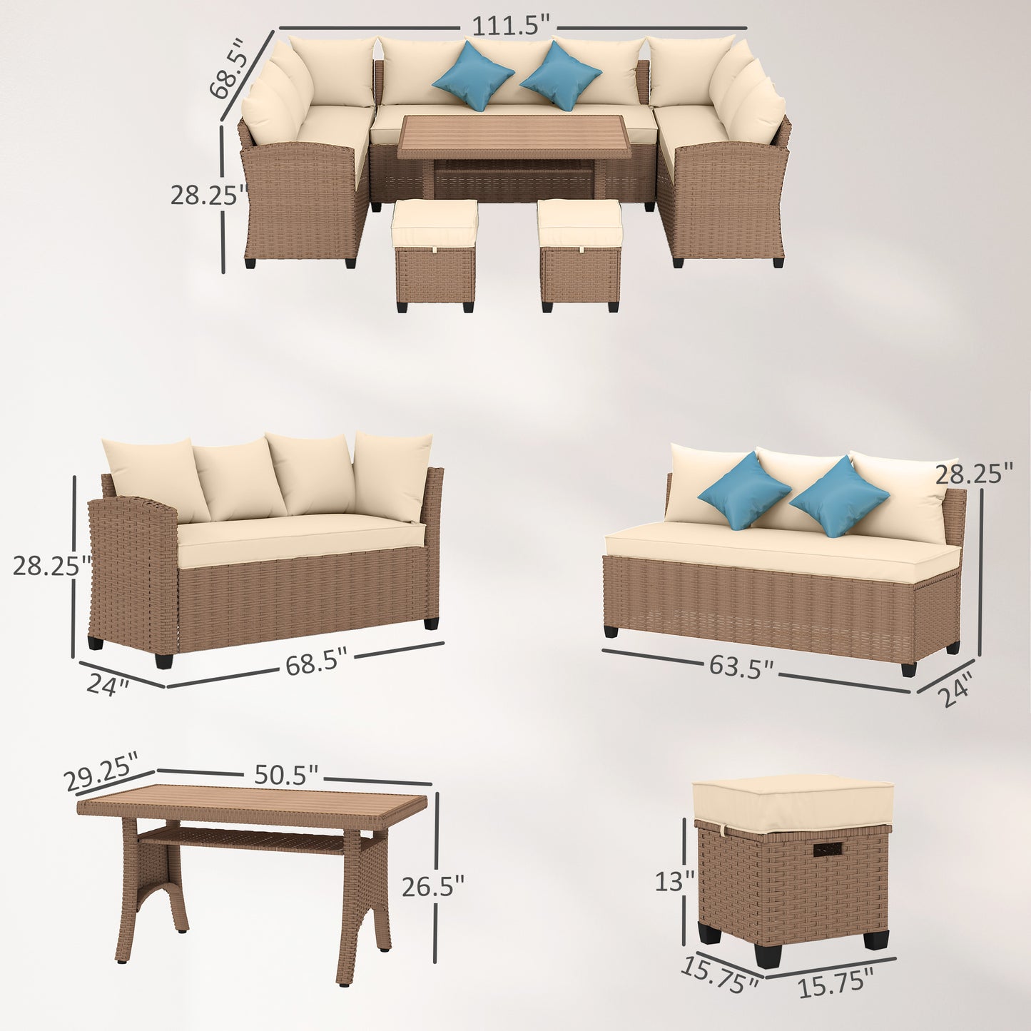 6-Piece PE Wicker Patio Conversation Set with WPC Dining Table