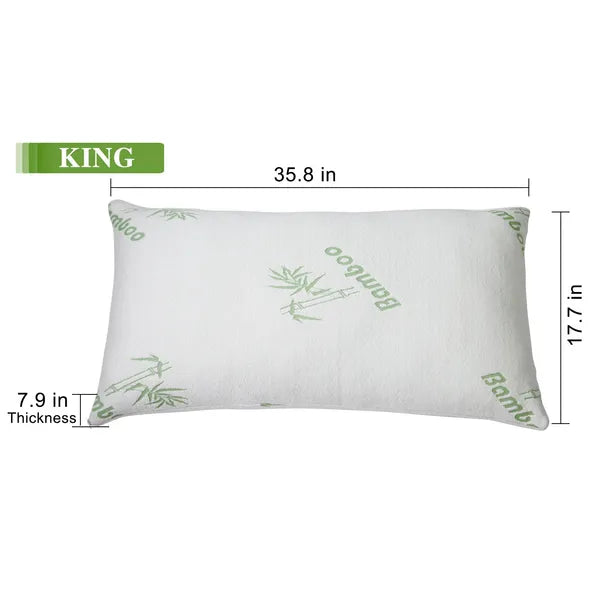 King-size white bamboo memory foam pillow with green bamboo leaf print, 7.9 in thick