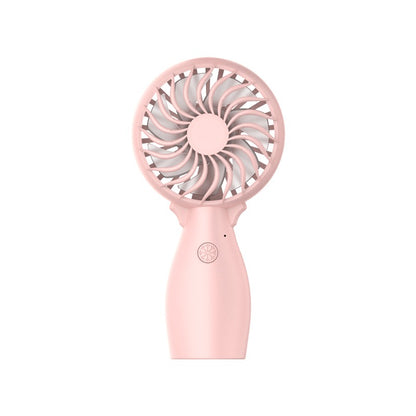 Pink handheld fan with circular grille and control button on handle