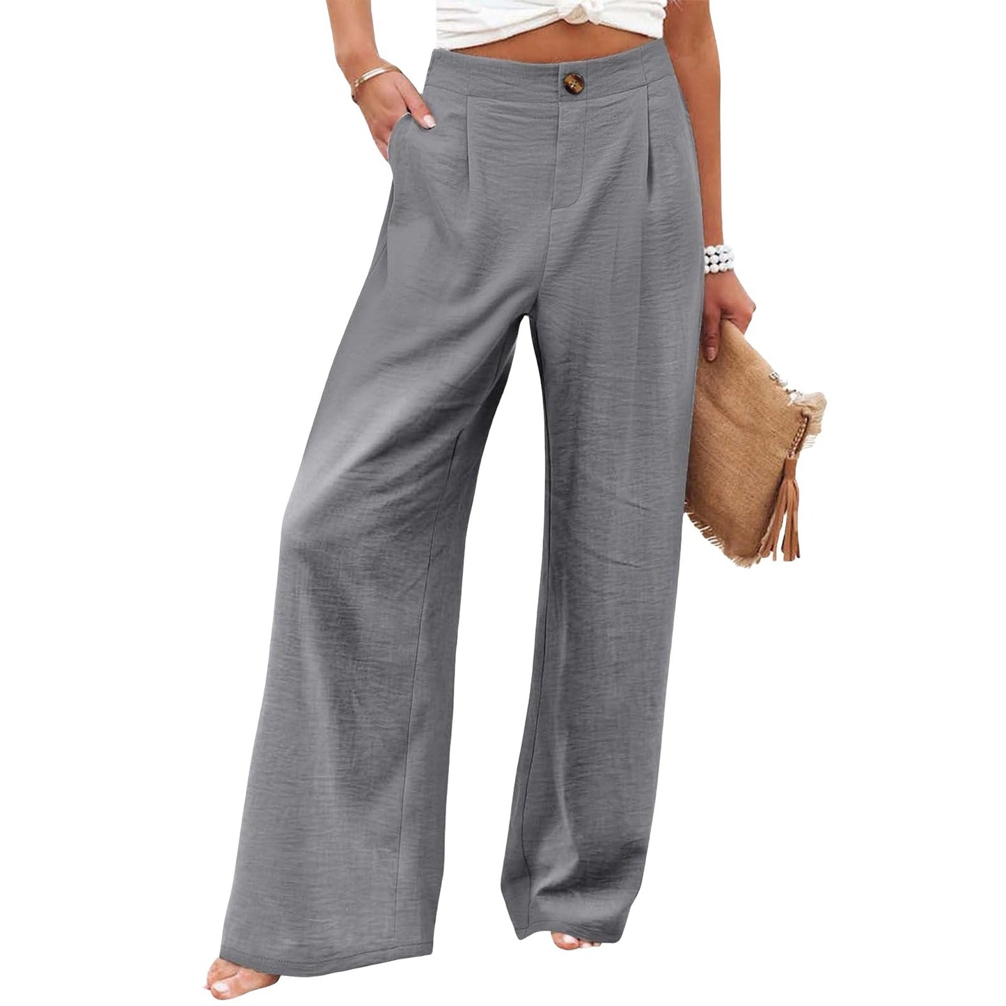 Women's Button Elastic Waist Wide Leg Trousers