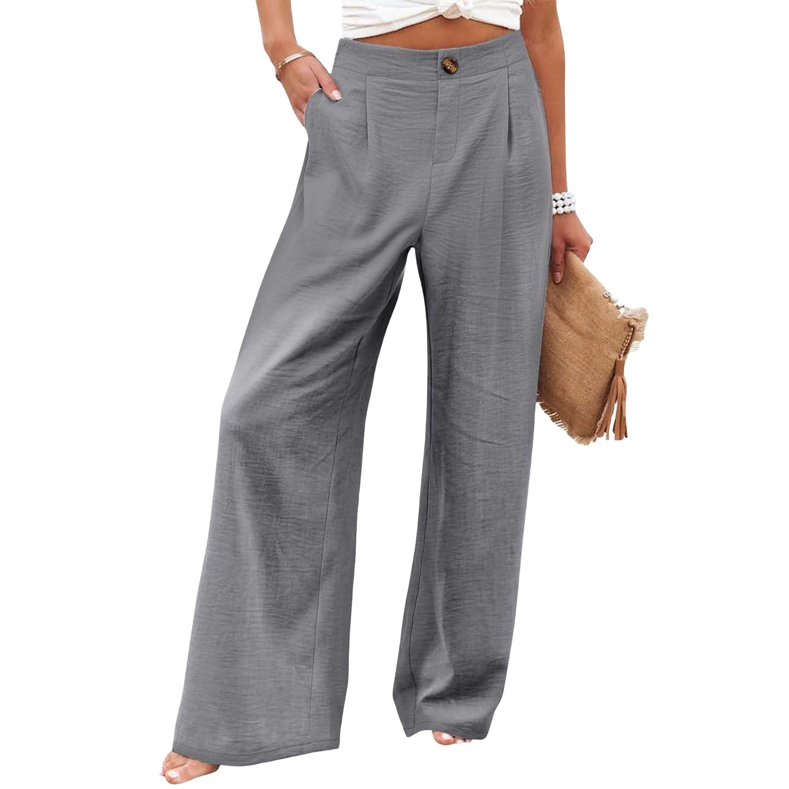 Wide-Leg Trousers with Button Detail – Elegant & Comfortable Fit Women's Button Elastic Waist Wide Leg Tr | Ectron Online