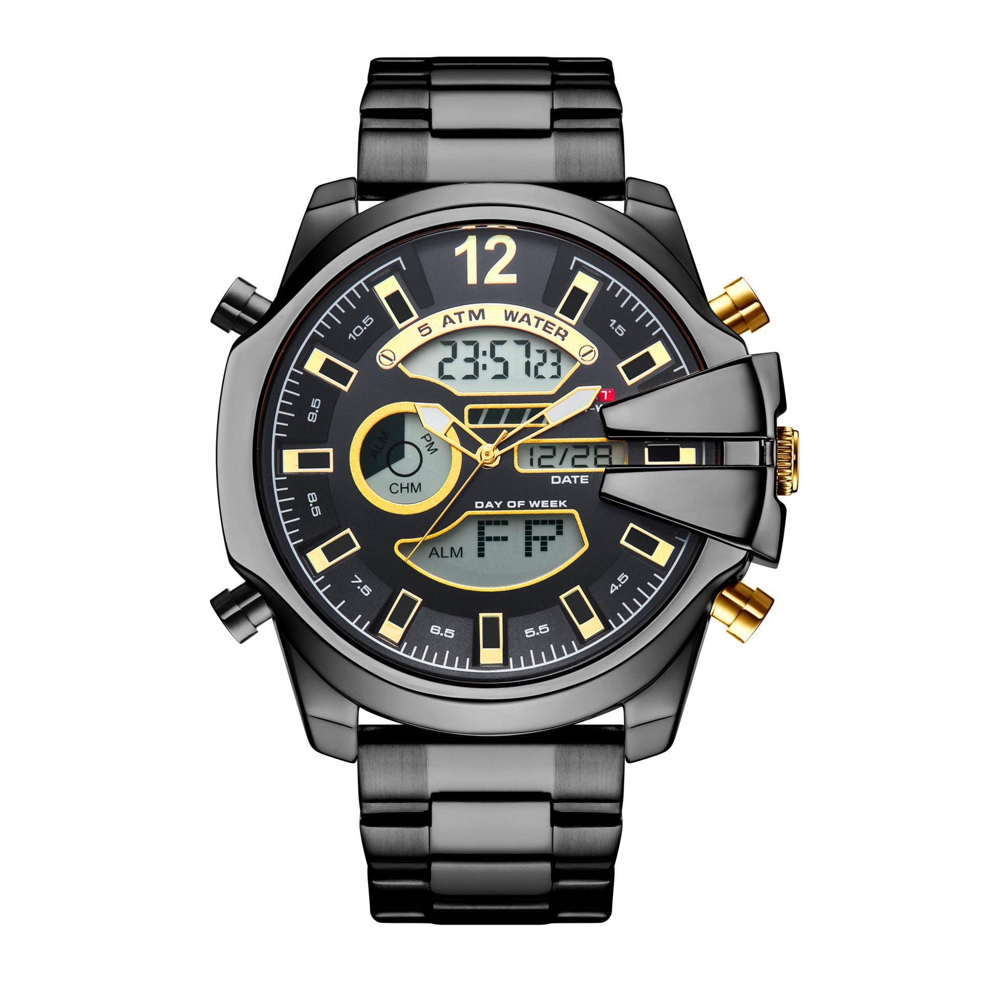Black sports watch with gold accents, dual digital displays, black metal link strap