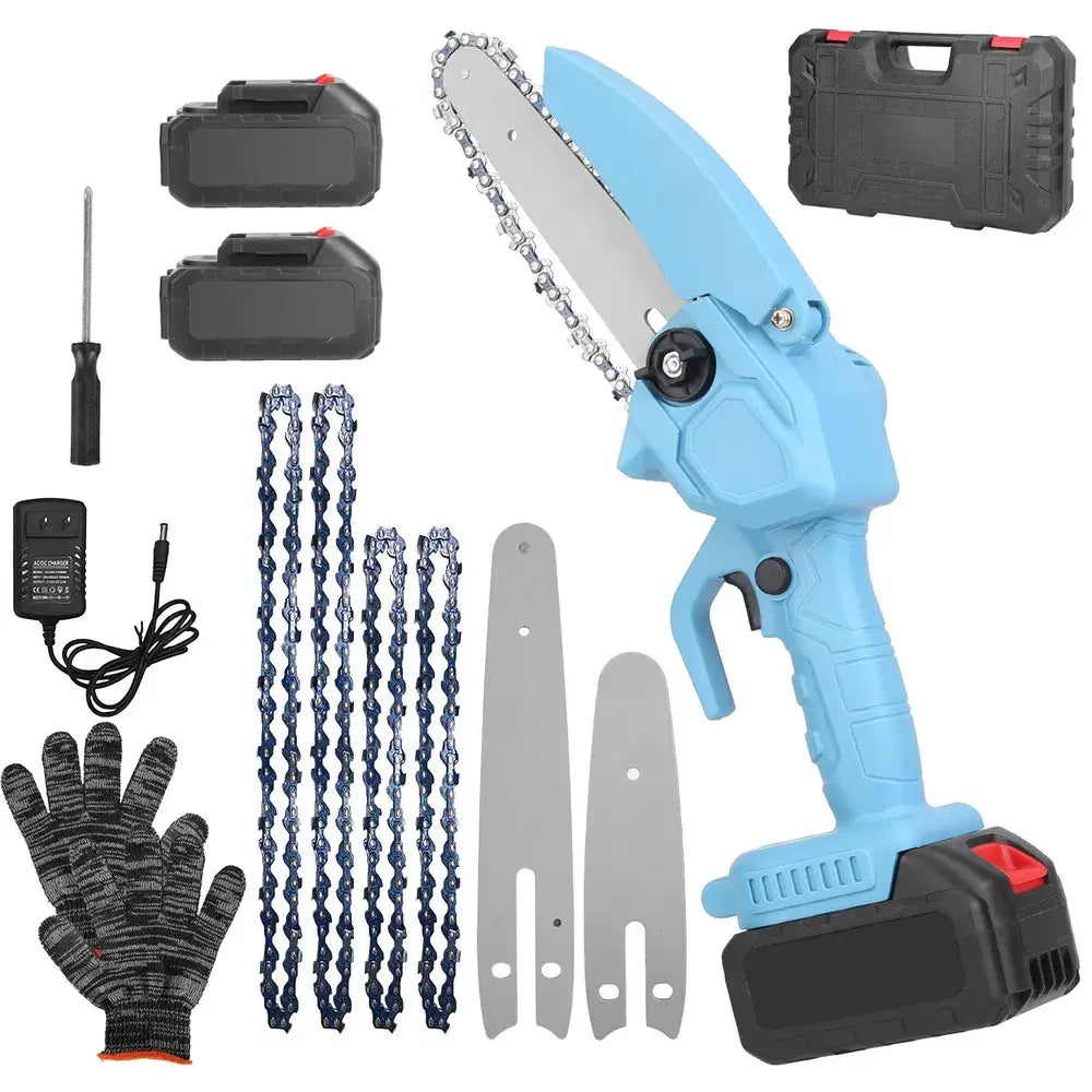 Blue cordless mini electric chainsaw kit with chain set, guide bars, gloves, charger, case