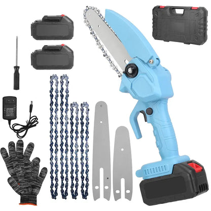 Blue cordless mini electric chainsaw kit with chain set, guide bars, gloves, charger, case