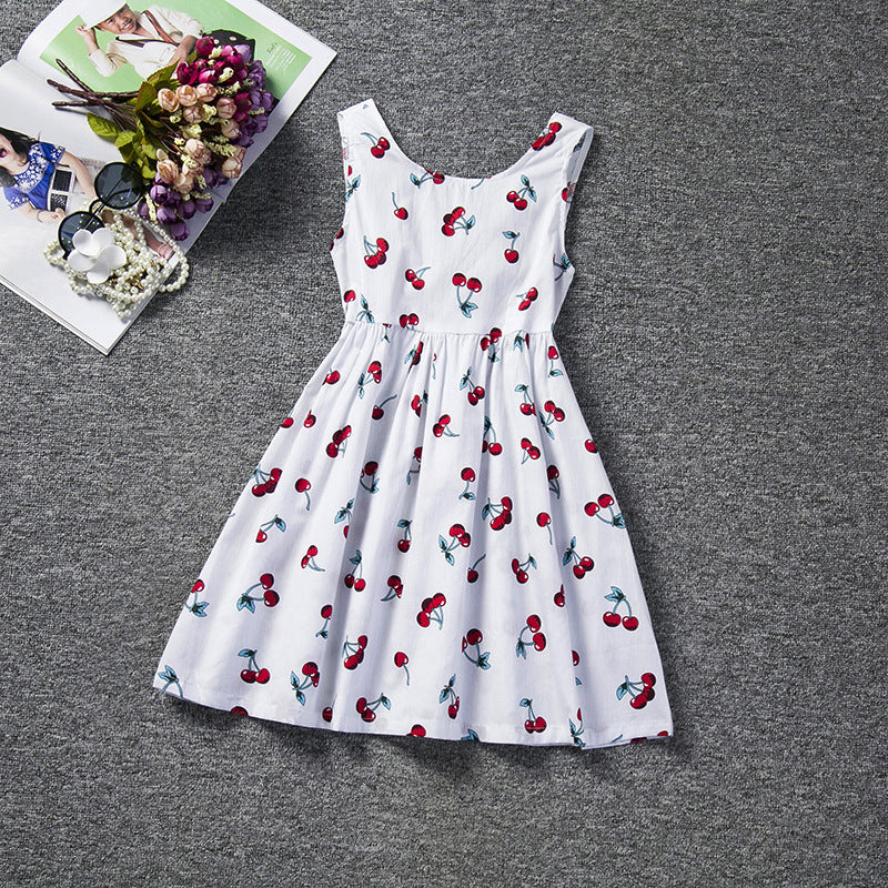 Girls' princess dress, white sleeveless with cherry print and gathered pleated skirt