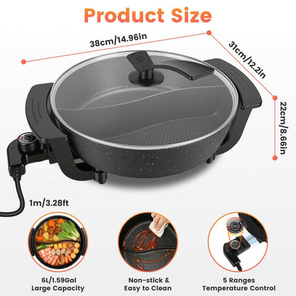 Black 6L electric hot pot with glass lid showing size dimensions.