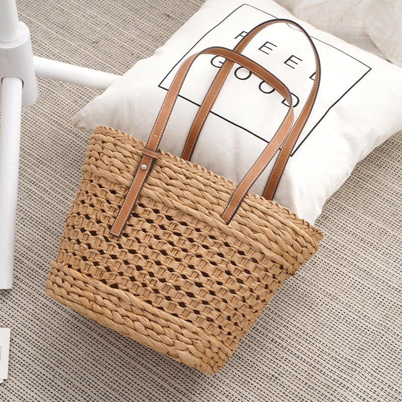 Urban Straw Braided Bag - White & Khaki Large Capacity Fashion Urban Simple Whit | Ectron Online