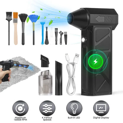 Handheld electric duster/vacuum, black unit with nozzle and glowing power icon